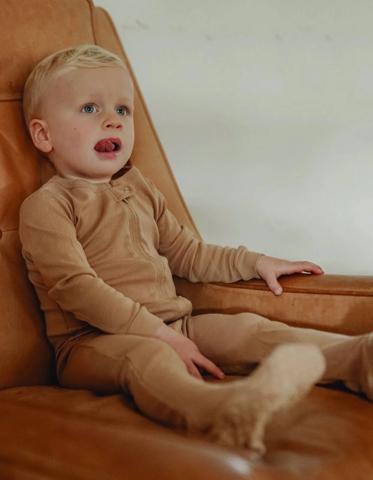 100% Cotton Breathable Footed Pajamas Beige