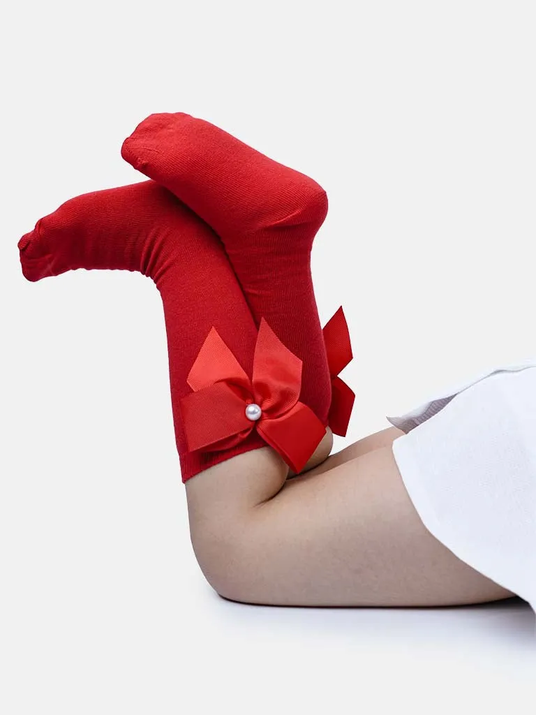 Baby Girl Knee Socks with Satin Bow and Pearl - Red