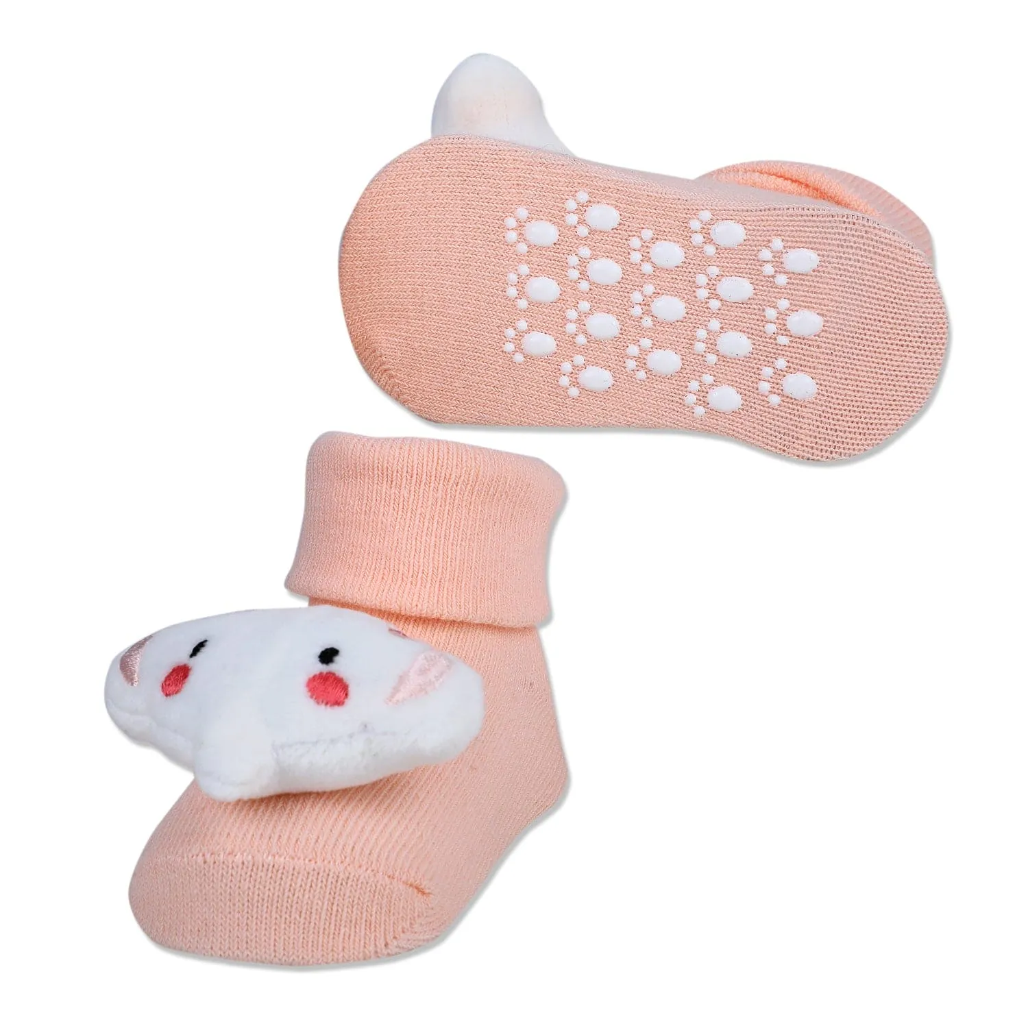 Baby Moo Fluffy Elephant Cotton Anti-Skid 3D Socks - Peach