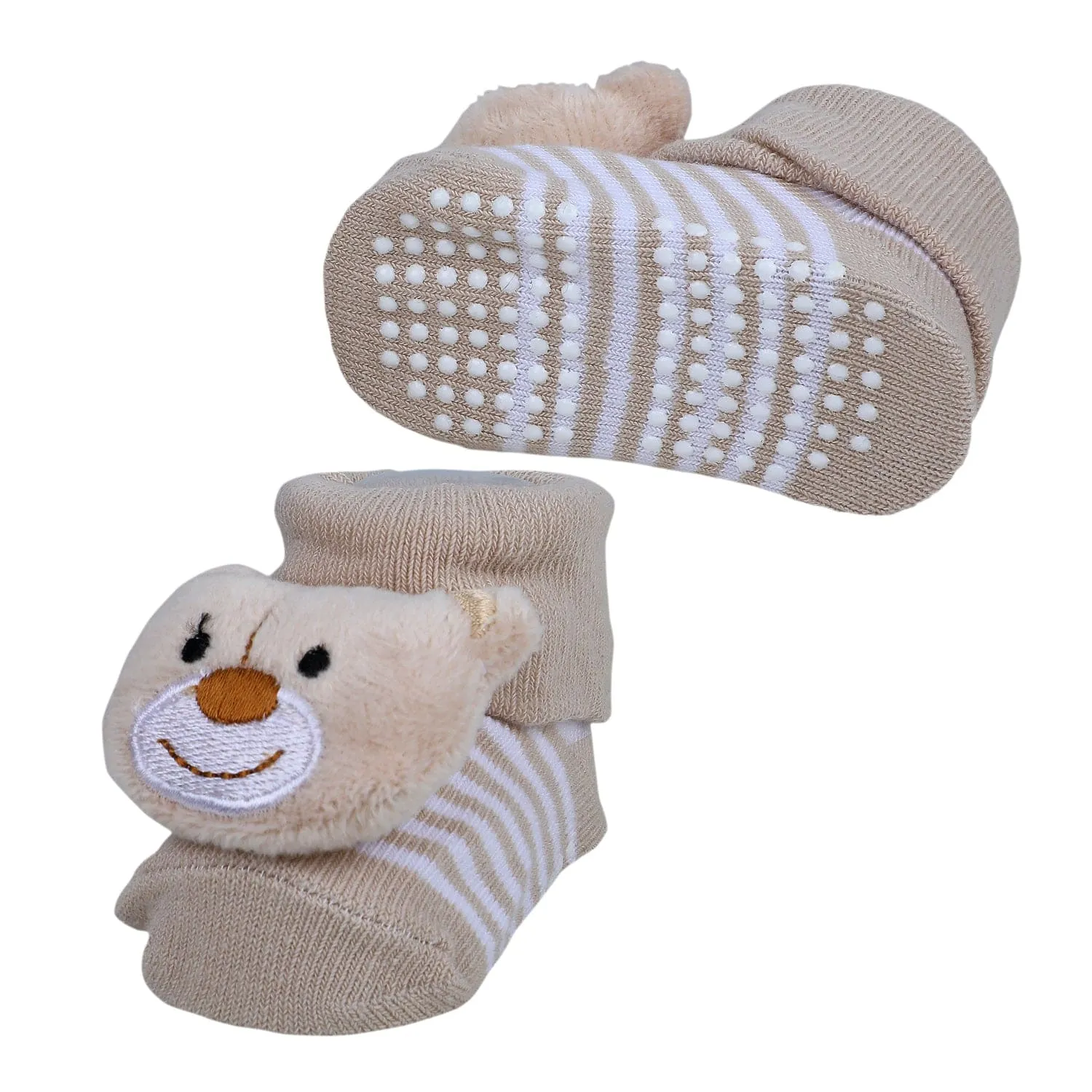 Baby Moo Happy Bear Cotton Anti-Skid 3D Socks - Beige