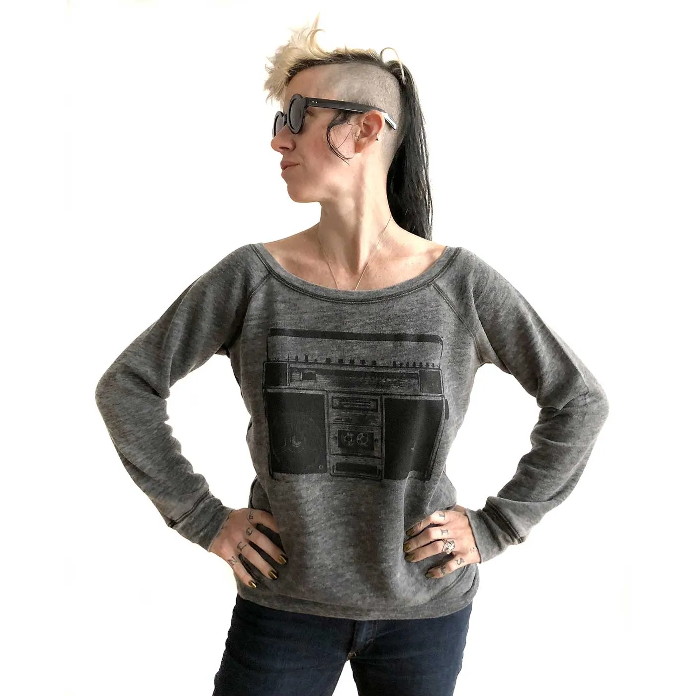 Boombox Print Women's Wide Neck Sweatshirt