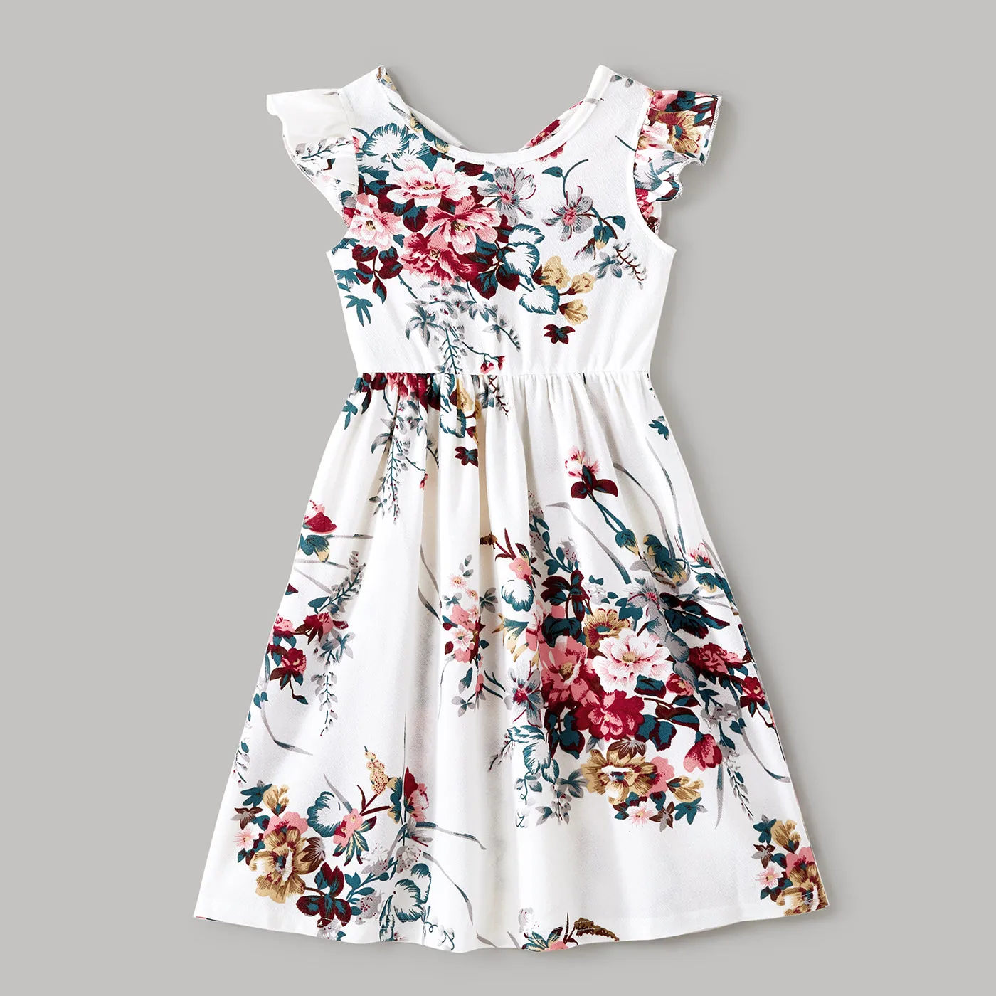 Family Matching All Over Floral Print Spaghetti Strap Dresses and Colorblock Short-sleeve T-shirts Sets